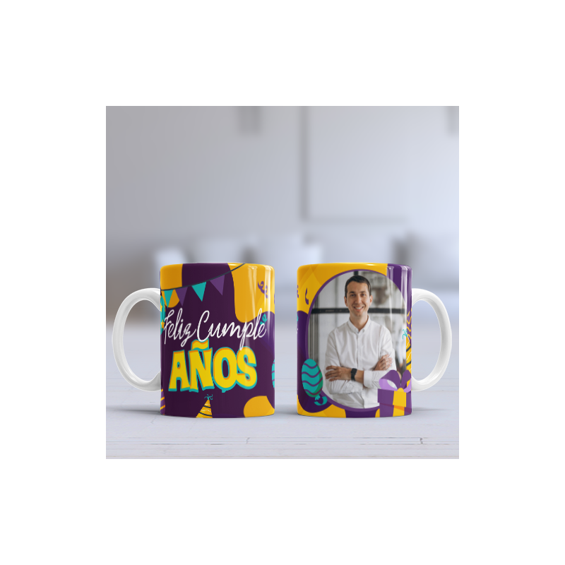 Taza cumpleaños amarillo morado